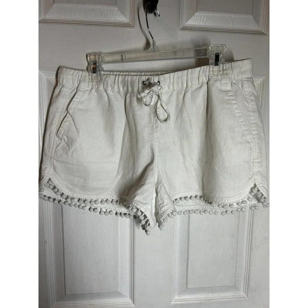 J Crew White Linen/Cotton Shorts with Pom Pom Fringe, Women’s Size Medium